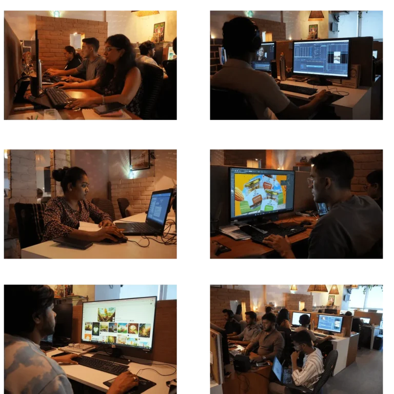 Bandish- Film & Video Production Company in India. Team working on video editing, animation, and post-production inside the Bandish Studios workspace
